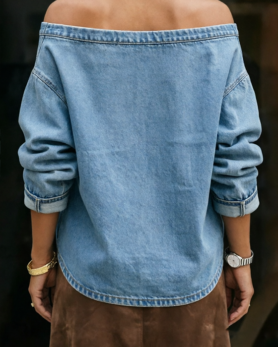 Top Off-Skulder Løs Denim Lang Ærme