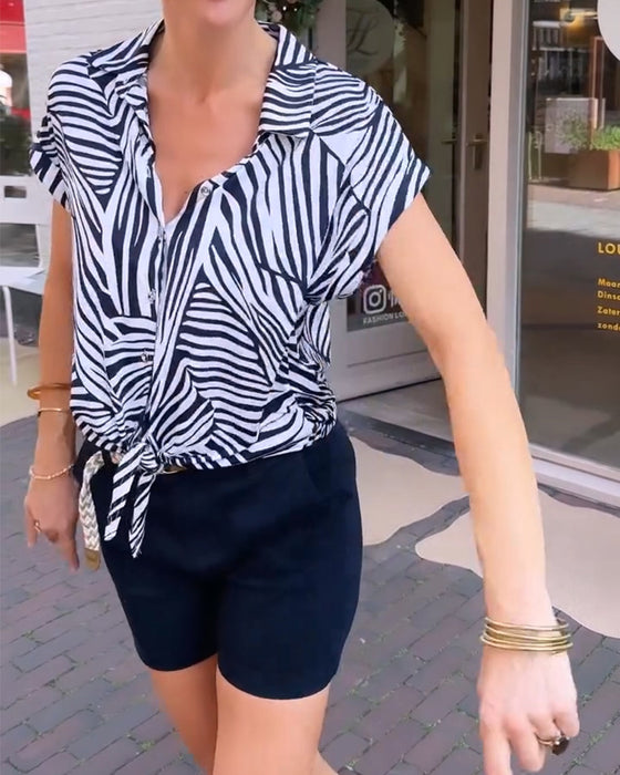 Bluse Zebra Tryk Revers Kort Ærme