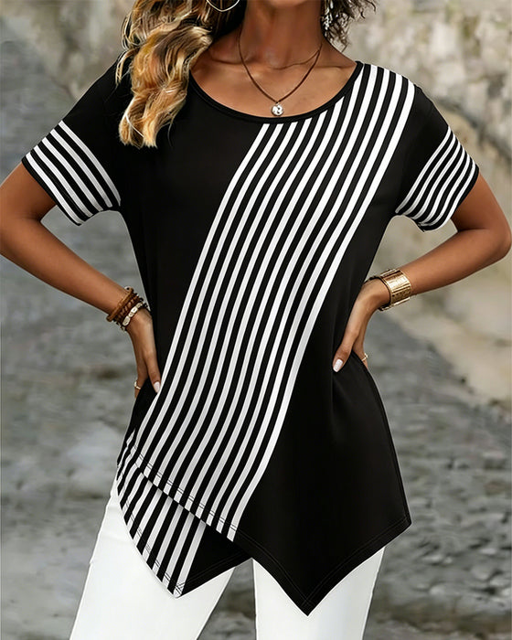 T-Shirt Diagonal Stribe Patchwork Rundhalset
