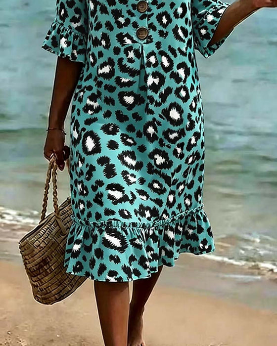 Kjole Leopardprint V-Udskæring Flæse