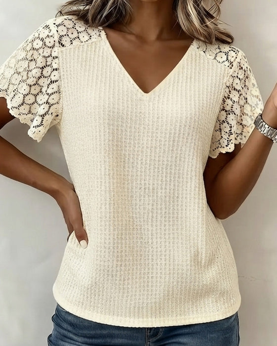 T-Shirt V-Hals Vaffel Blonde Patchwork Solid