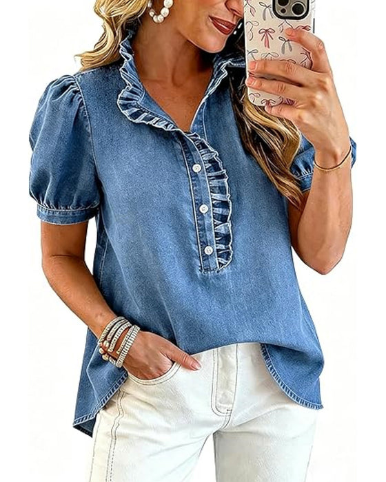 Bluse Knap Op Ruffle Denim