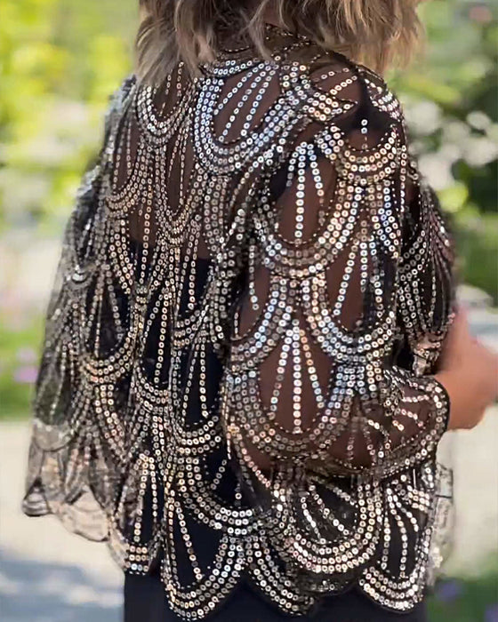 Elegant gennemsigtig sportscoat med pailletter og bølgekanter