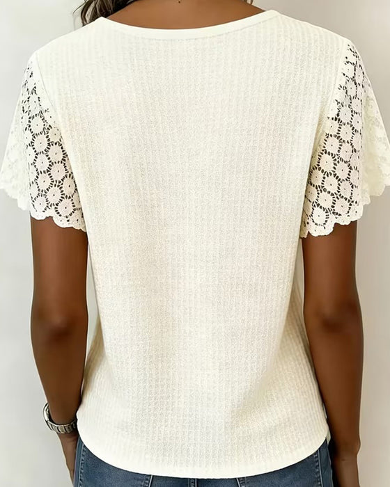 T-Shirt V-Hals Vaffel Blonde Patchwork Solid