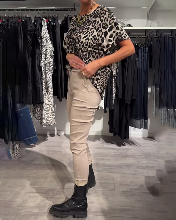 Bluse Rund Hals Leopardtryk Korte Ærmer