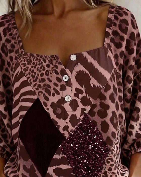 Bluse Firkantet Hals Leopardprint Patchwork Paljet