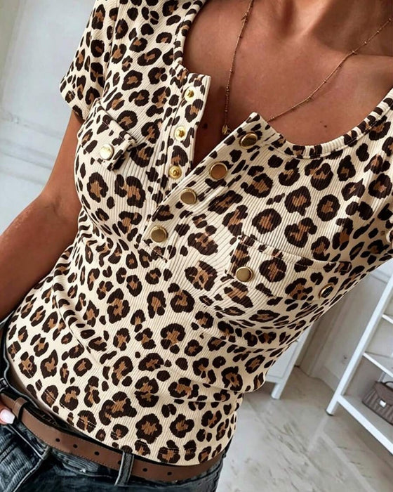 Bluse Henley Hals Leopard Tryk Kort Ærme