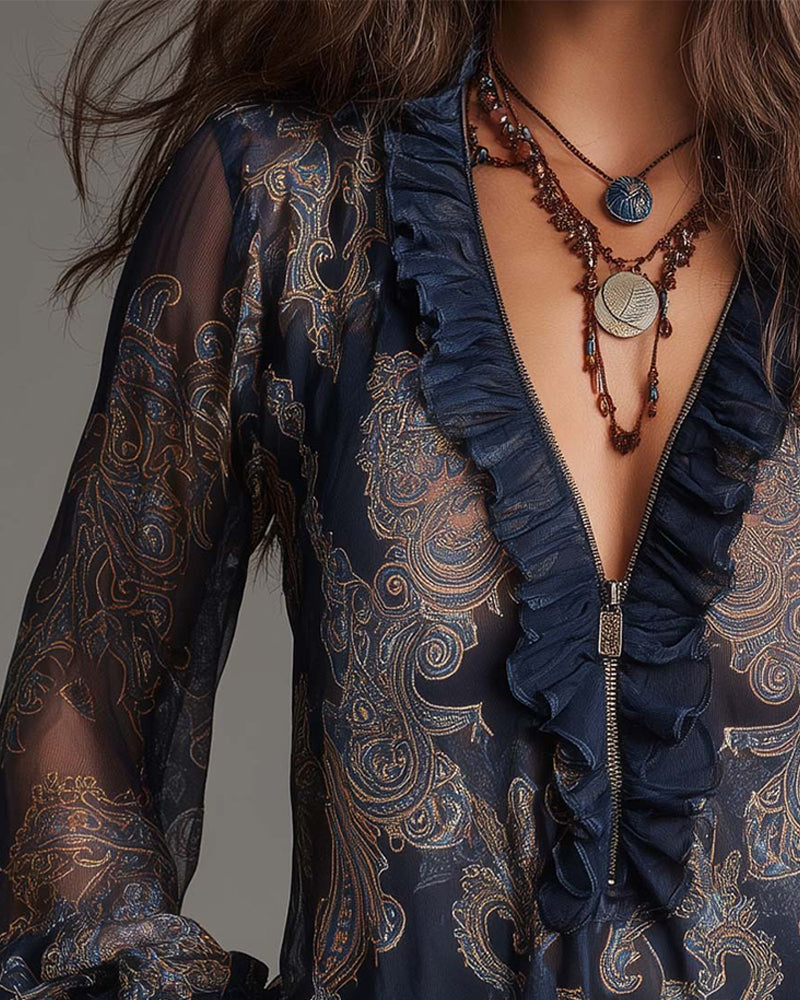 Bluse Halvlås Rynke Retro