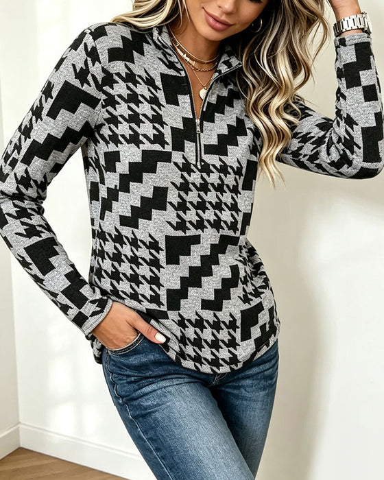 Top Houndstooth Halv-Zip Ståkrave Langærmet