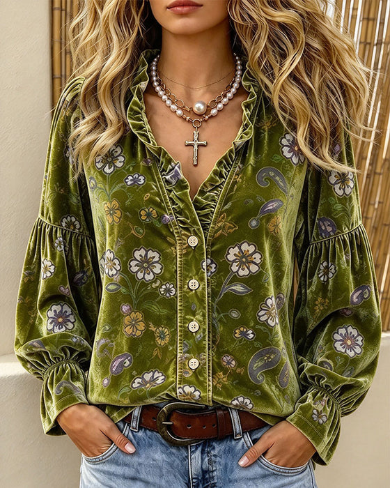 Bluse V-Hals Knap Volang Blomstret
