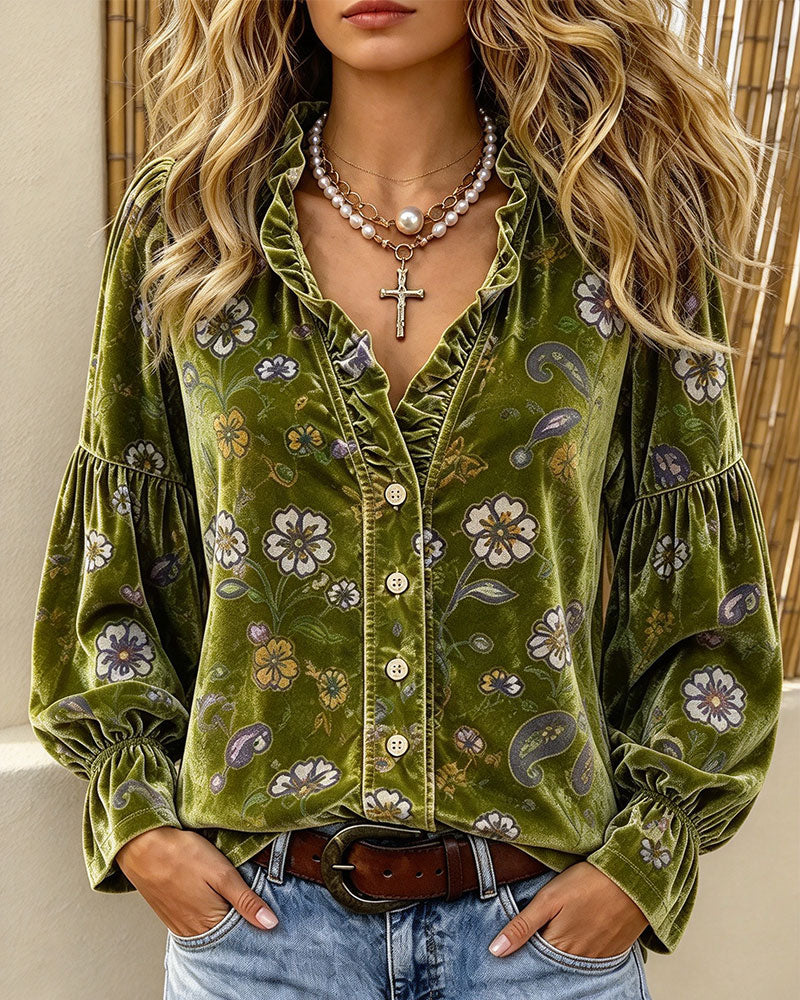 Bluse V-Hals Knap Volang Blomstret