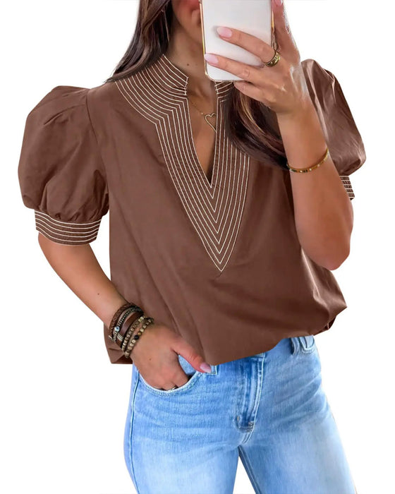 Bluse V-Hals Bobble Ærme Stribet