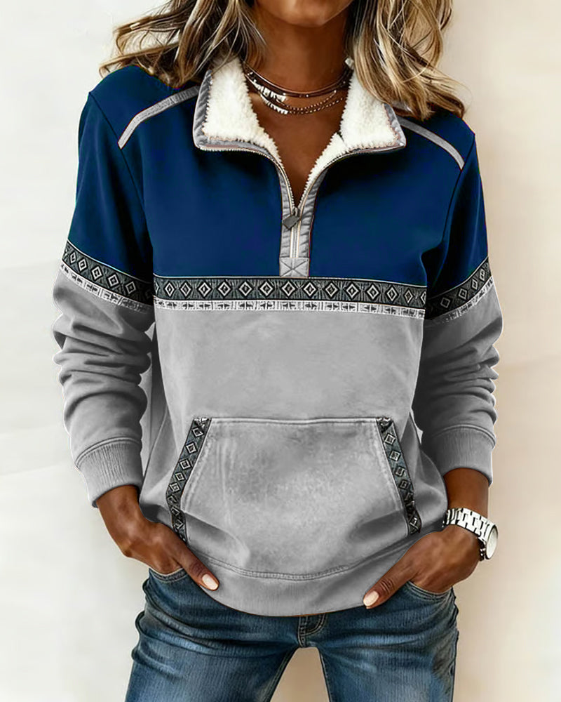 Retro Sweatshirt Med Farveblokning Og Pelskrave