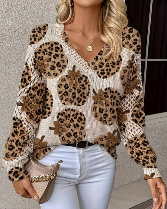 Pullover Leopard Græskar V-Hals Udskæring