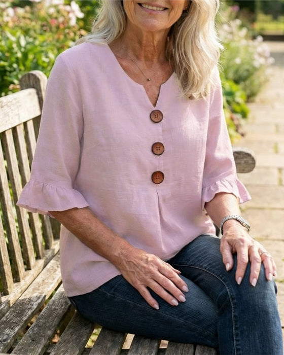 Bluser Ensfarvet Bomuld-Hør Træknapper Rynker
