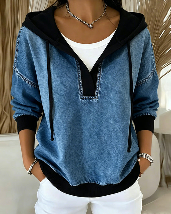 Hoodie Farveblok V-Hals Snorrestrop