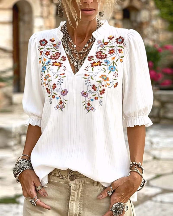 Bluse Ruffle Trim Tryk Casual