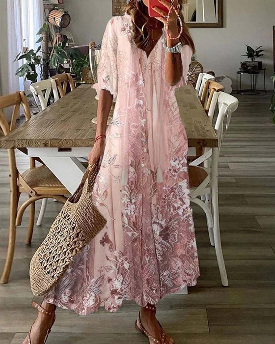 Kjole V-Hals Blomstret Ruffle Fuld Nederdel