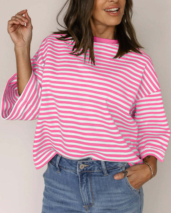 T-Shirt Rund Hals Ryg Hul Sløjfe Stribet
