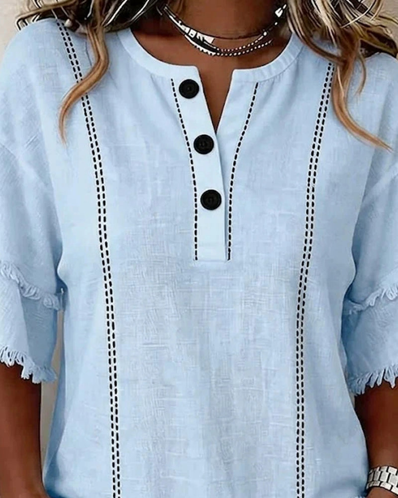 Bluse V-Hals Ruffle Lag Halvknapning Knap