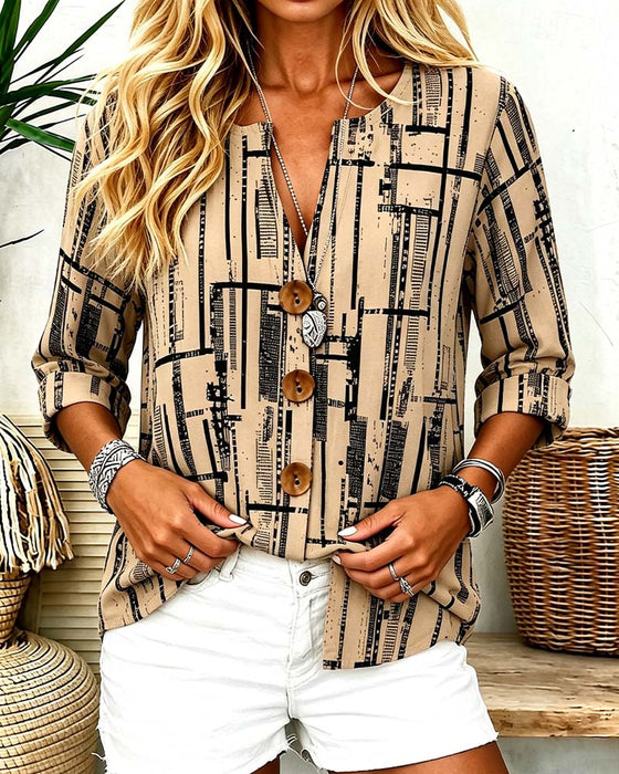 Bluse V-Hals Knappestrop Stribet
