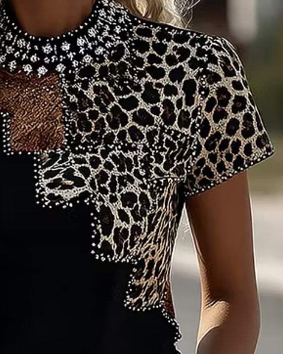 T-Shirt Leopardpatchwork Mockhals Korte Ærmer
