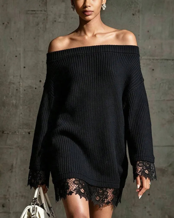 Trøjekjole Off-Shoulder Ribbet Knipling Patchwork