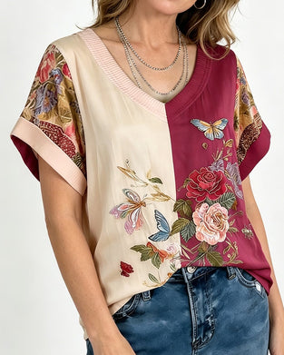 Bluse V-Hals Asymmetrisk Patchwork Blomstret
