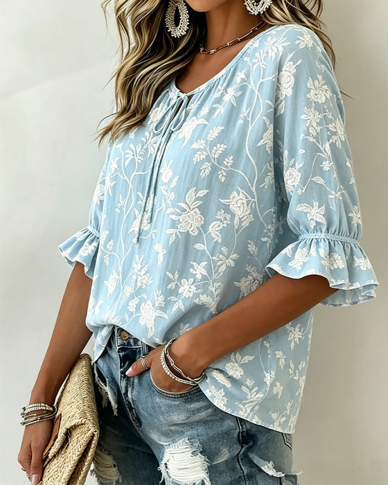 Bluse Bindebånd Ruffle Tryk