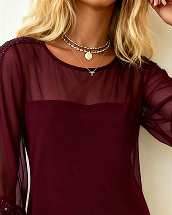 Kjole Glitter Paneleret Mesh Rund Hals
