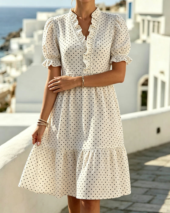 Kjole V-Hals Blonder Trim Polka Dot