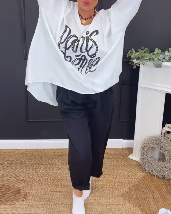 Top Rund Hals Uregelmæssig Bogstavtryk