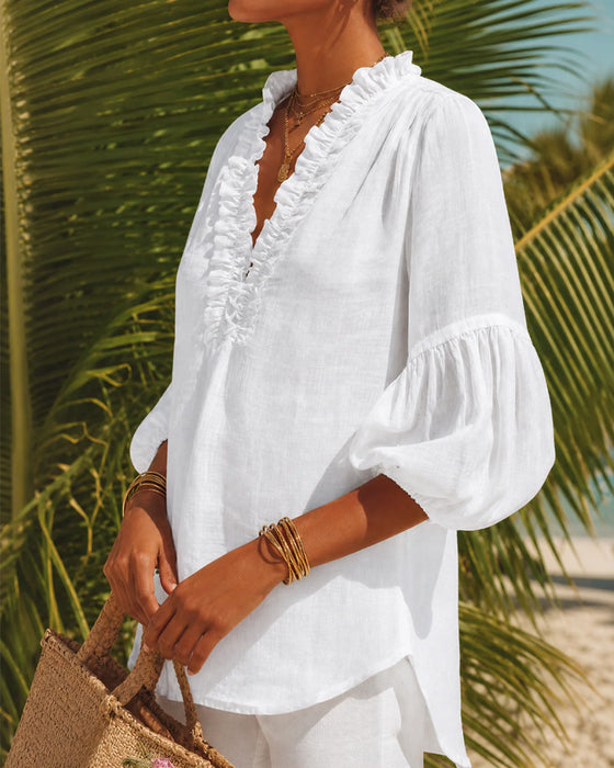 Bluse Ruffle Kant Pufærme V-Hals