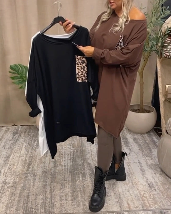 Oversized top med leopardprint brystlomme