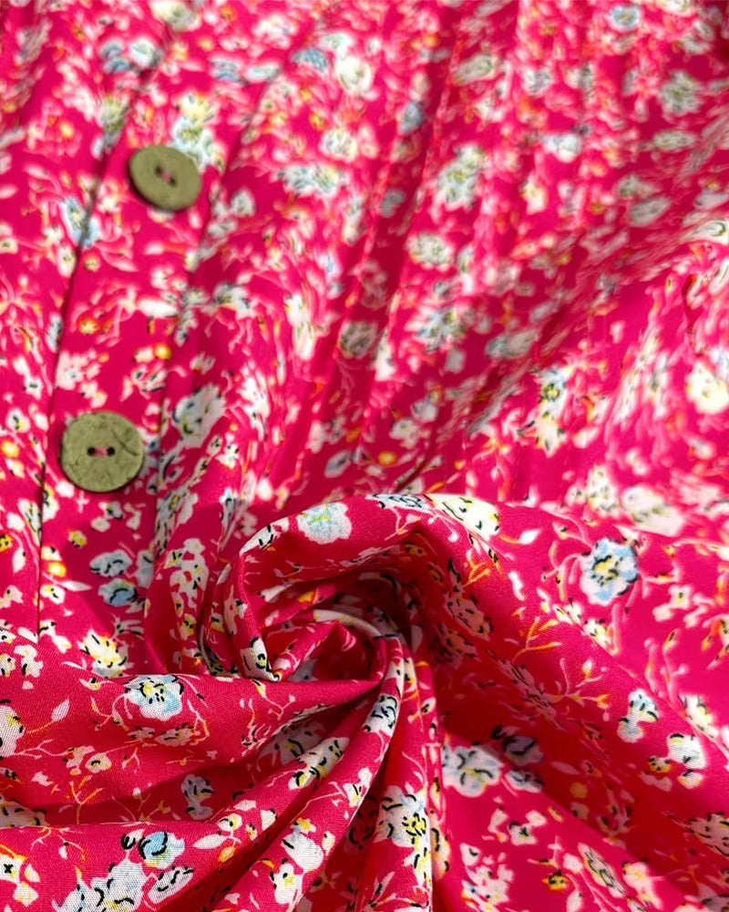 Bluse V-Udskæring Knap Blomstermønster