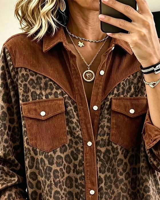 Skjorte Revers Knap Leopard Farveblok