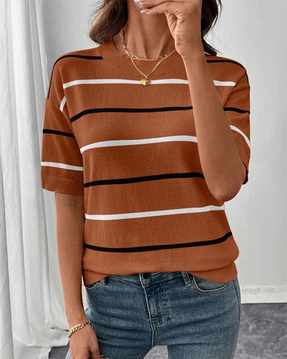 Pullover Streep Contrastkleur Korte Mouw Gebreid