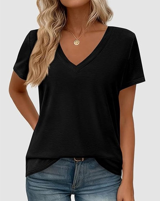T-Shirt Pullover V-Hals Ensfarvet