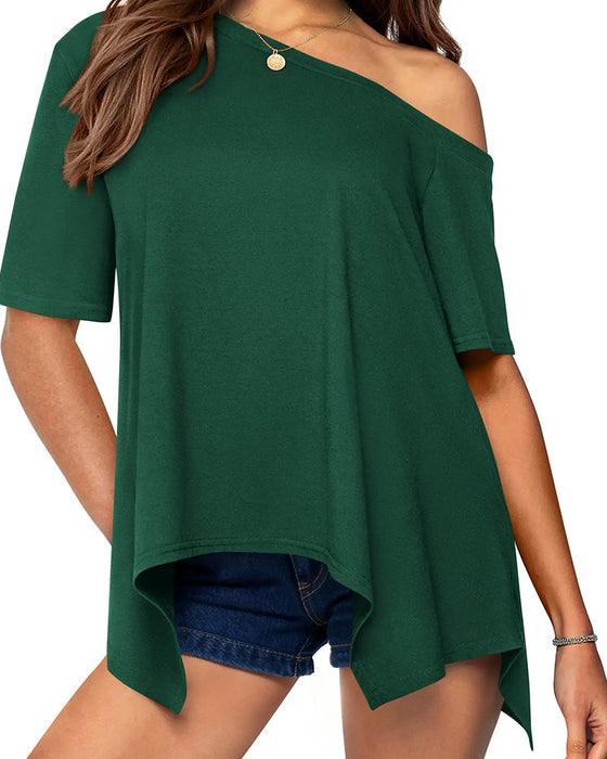 T-Shirt Asymmetrisk Off-Skulder Kort Ærme