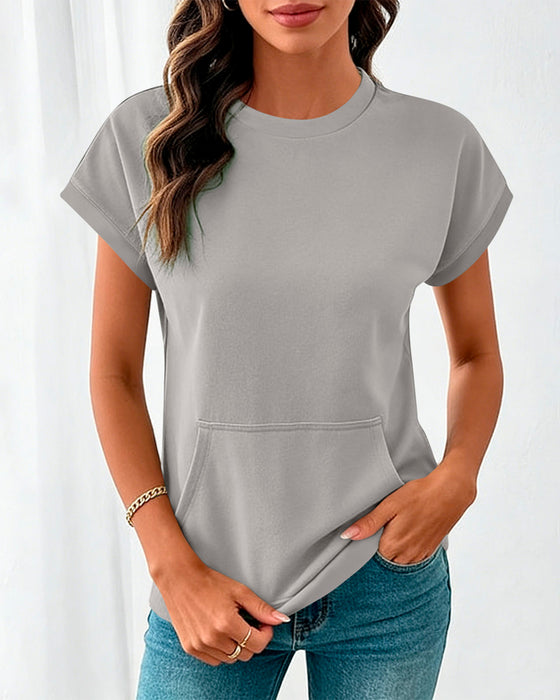 Bluse Forlomme Ensfarvet Rund Hals
