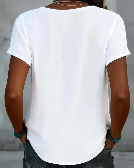 Bluse V-Hals Hollow Out Ensfarvet