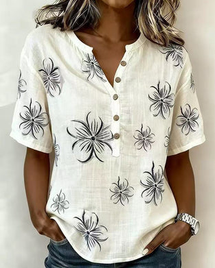 Bluse Crew Neck Knappestrop Blomstret Casual