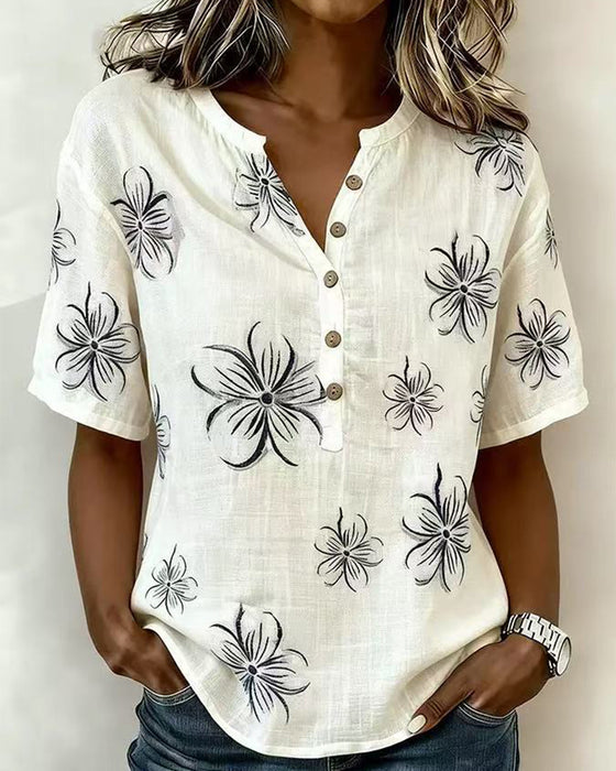 Bluse Crew Neck Knappestrop Blomstret Casual