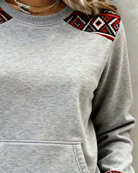 Sweatshirt Rund Hals Argyle Farveblok Lomme