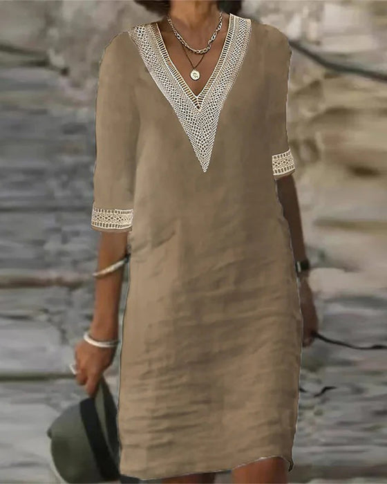 Kjole Tre Kvart Ærme V-Hals Blonder Patchwork