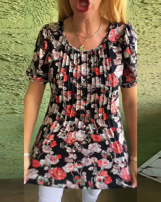 Bluse Rund hals Pufærme Plisseret Blomstret
