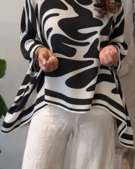 Bluse Zebramønster Flagermusærmer Rund Hals