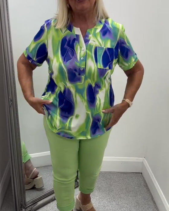 Bluse Henley Hals Ombre Tryk Kort Ærme Lomme