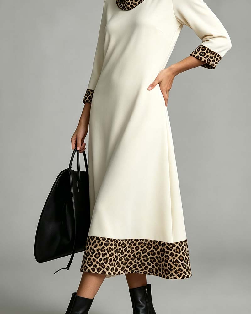 Kjole Slouchy Mock Hals Leopard Albuelang Ærme