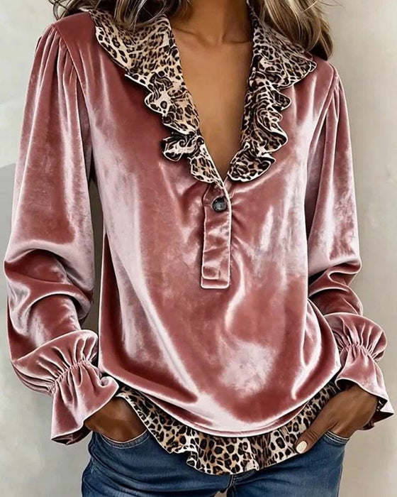 Bluse V-Hals Leopard Tryk Ruffle Ærme